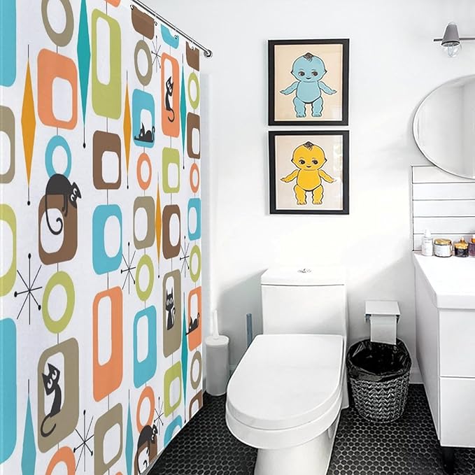 Mid Century Modern Shower Curtain, Retro Geometric Atomic Abstract Cat Pattern Middle Century 1950s 1960s Orange Waterproof Fabric Bathroom Shower Curtain Set with Hooks, 72"x72" Inch
