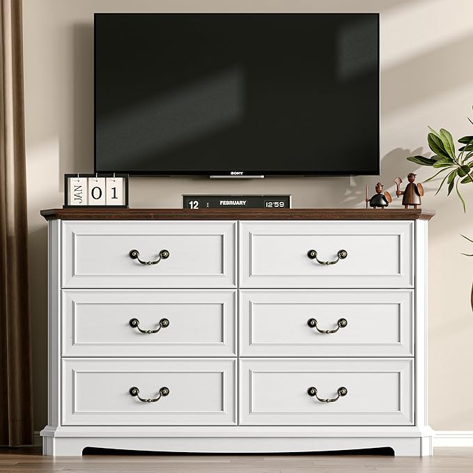 Farmhouse Dresser for Bedroom with 6 Drawer, 48" Wide Rustic Chest of Drawers with Metal Handle, Wood Vintage Dresser TV Stand, Wooden Closet Storage Dressers Organizer for Living Room, Hallway, White