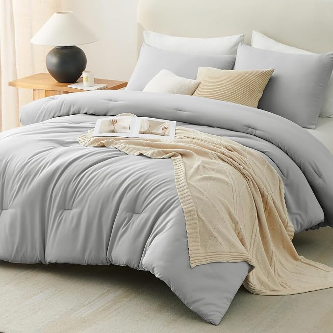 CozyLux Queen Comforter Set Light Grey, 3 Pieces Lightweight Comforters Queen Size Bedding Sets, Light Gray All Season Solid Down Alternative Comforter with 2 Pillowcases, Soft Bed Set Gift for Home