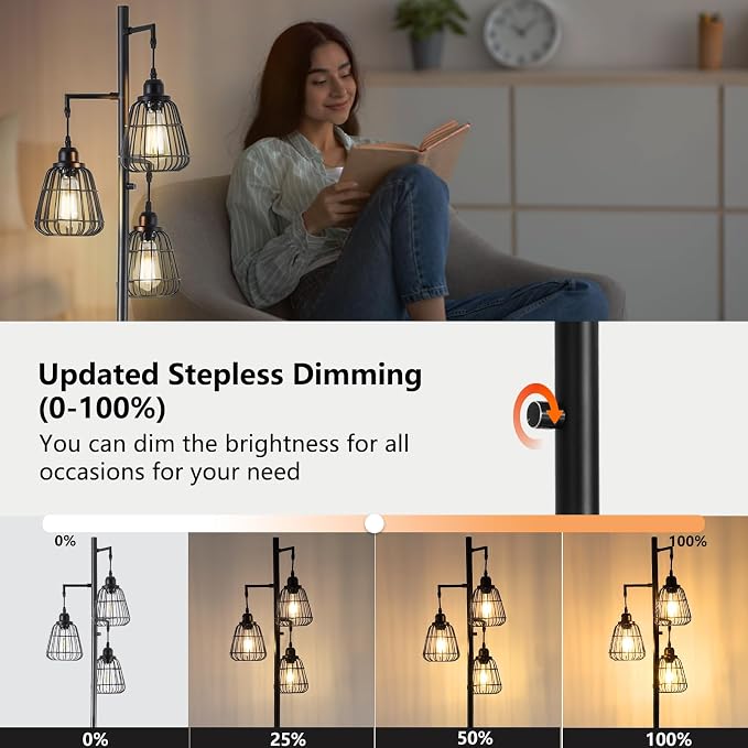 9MMML 68” Living Room Floor Lamp, Industrial Farmhouse 3 Teardrop Cage Standing Lamp,Black Tall Floor Lamp for Bedroom Office, 3 LED Edison Bulbs Included