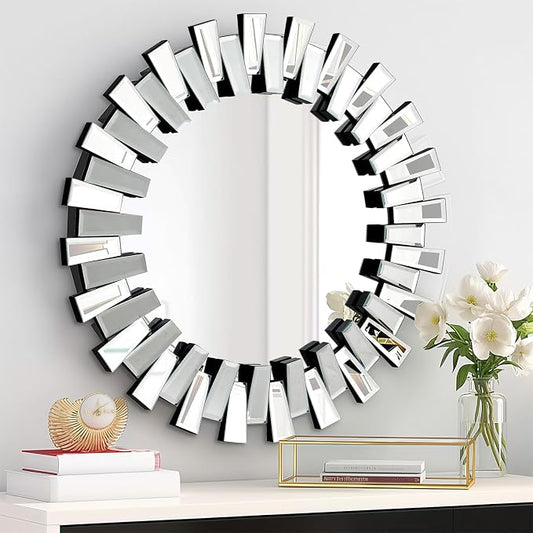 QDSSDECO Round Mirror Sunburst Wall Mirror 24" Beveled Edge Frameless for Living Room Bathroom Bedroom Entryway Decor