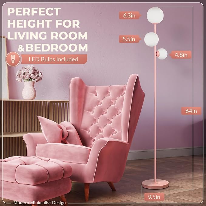 3 Globe Floor Lamp - Mid Century Modern Standing Light with 3 Color Temperatures, LED Bulbs, Frosted Glass Shades for Living Room (Pink)