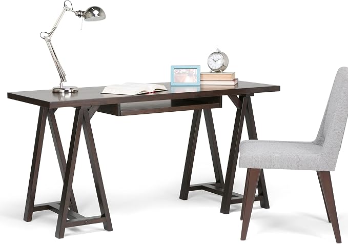 SIMPLIHOME Sawhorse Desk - 60 Inch Wide Solid Wood Writing Desk in Dark Chestnut Brown, Modern Industrial Home Office Computer Table for Workspace with Sawhorse Base and Integrated Keyboard Tray