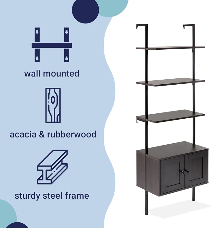 happimess MSH1002A Tulare 72.05" MidCentury Industrial 4-Shelf Wood Wall-Mounted Open Ladder Bookcase with Cabinet and Metal Frame, Black