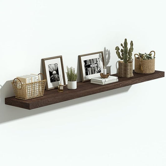 Vivelove Elm Wood Floating Shelves, Wooden Shelves for Wall with Invisible Bracket for Living Room Bedroom Bathroom Office Book, Rustic Farmhouse Display Shelf, 48 Inch Set of 1- Dark Walnut