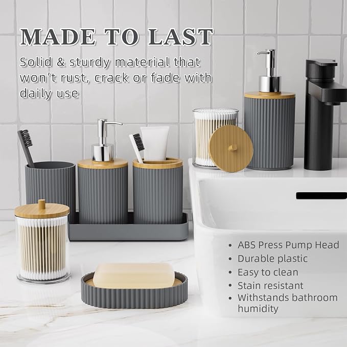 10PC Bathroom Accessories Set - Grey and Wooden Bathroom Sets, Bathroom Accessory Set with Pop Up Trash Can, Toilet Brush, Trash Can, Qtip Holder & Soap Dispenser
