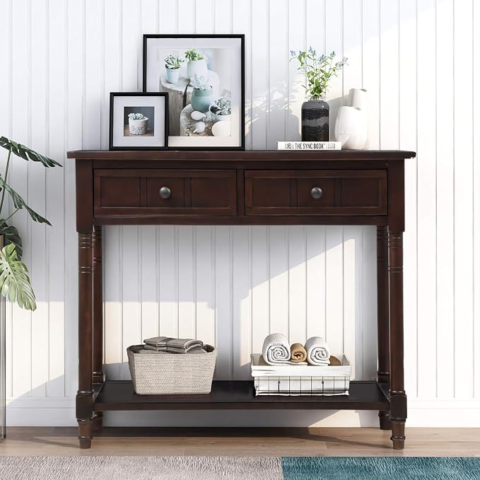 SOFTSEA Farmhouse Console Table with Drawers & Shelf, 35" Entryway Table with Storage, Solid Wood Sofa Couch Table for Hallway, Espresso