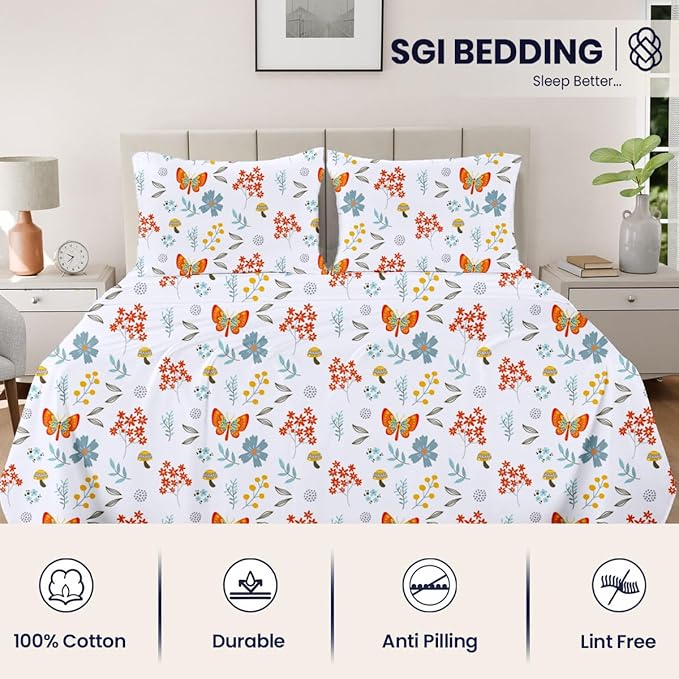 SGI bedding 100% Egyptian Cotton Sheets Full Size – 600 Thread Count Sheets Set, Soft, Cooling, 15" Deep Pocket, Luxury Hotel Bedding, Breathable, Durable - Butterfly Garden