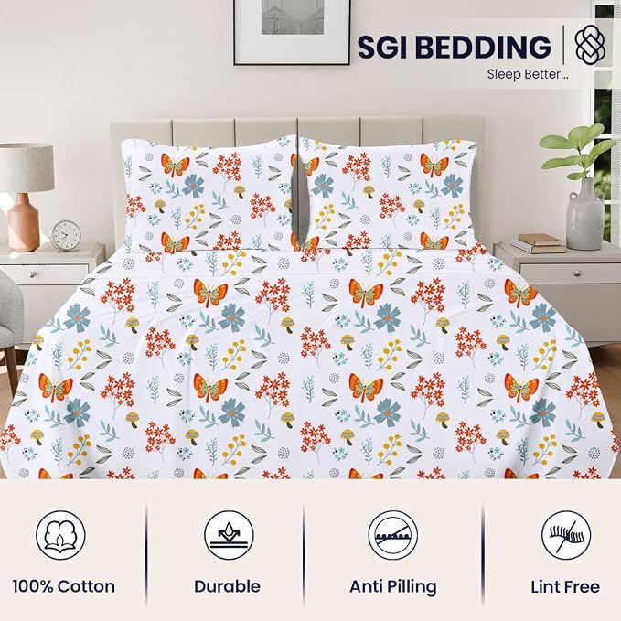 SGI bedding 100% Egyptian Cotton Sheets Twin Size – 600 Thread Count Sheets Set, Soft, Cooling, 15" Deep Pocket, Luxury Hotel Bedding, Breathable, Durable - Butterfly Garden