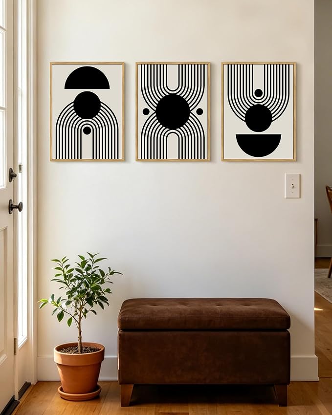 KUVIOKE Black Abstract Framed Wall Art Minimalist Geometry Lines Painting Artwork for Living Room Bedroom 12x16in (Natural Framed)