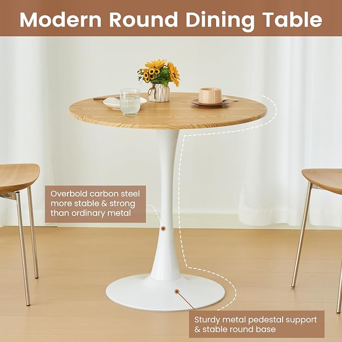 Round Dining Tulip Table for 2, Mid-Century Modern Table with Sturdy Metal Pedestal for Kitchen, Bistro, Cafe, Leisure (Faux Oak, 24 INCH)