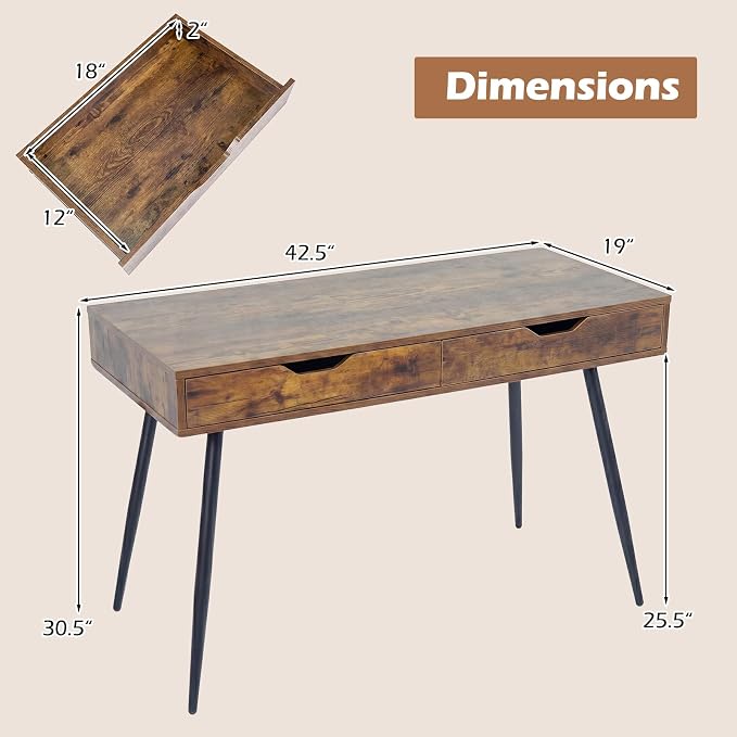 Tangkula Mid Century Desk with 2 Storage Drawers, Modern Writing Study Desk with Rubber Wood Legs, Versatile Home Office Study Desk for Small Space, Vanity Table for Bedroom (Rustic Brown)