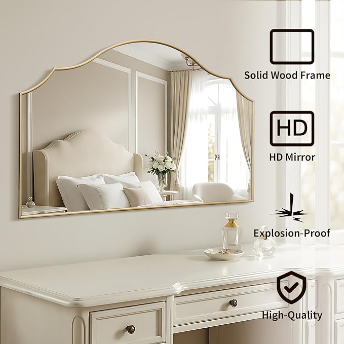 Besdomus Large Scalloped Gold Mirror: 47"x31" Modern Minimalist Wood Frame Wall Mirror - Decorative Vanity Arched for Bathroom/Dresser/Entryway/Fireplace/Living Room - Stylish Home Decor