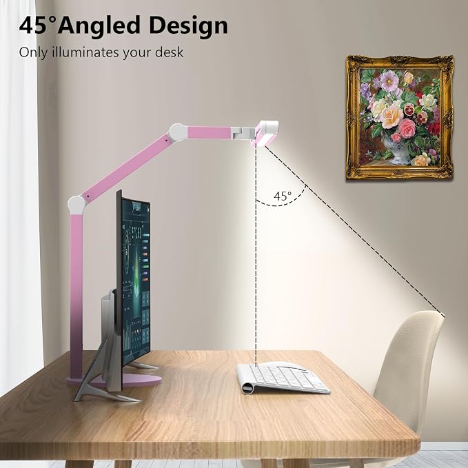 Micomlan Led Desk Lamp with Base, Adjustable Tall Architect Desk Light for Home Office with Flexible Swing Arm, 24W Pink Bright Table Lamp Auto Dimming Computer Light for Workbench