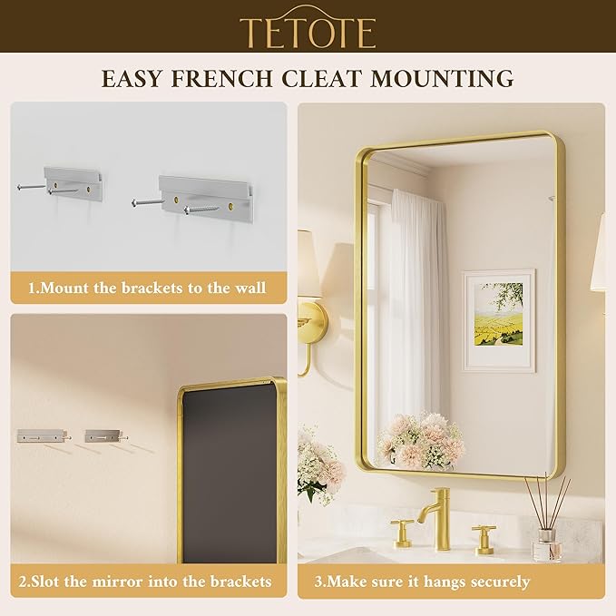 TETOTE 55 x 30 Inch Bathroom Mirror, Brushed Gold Metal Framed Wall Mounted Mirrors, Brushed Brass Rectangle Modern Decorative Vanity Mirror (Horizontal/Vertical)