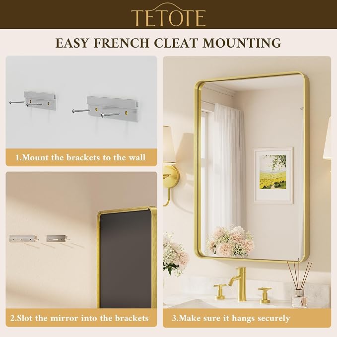 TETOTE Gold Framed Mirror for Bathroom, 22 x 30 Inch Vanity Mirror for Wall, Brushed Brass Rectangle Round Corner Entry Way Golden Frame Mirror 2 Inch Thick Frame(Horizontal/Vertical)