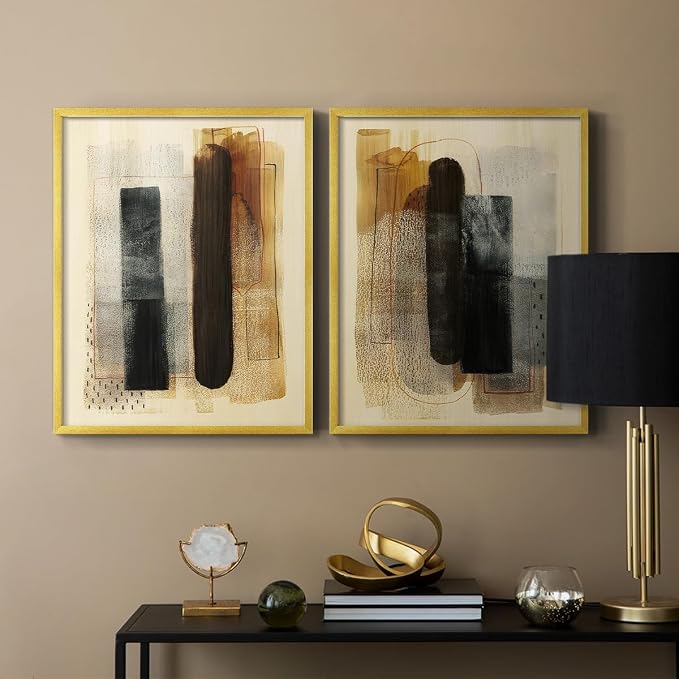 Renditions Gallery Set of 2 Peel & Stick Framed Prints, Pattern Abstract Wall Art, Burnt Toast Pattern Wall Decor, Re-Stickable - Ready to Hang - 16"x20" - GOLD Frame LT588