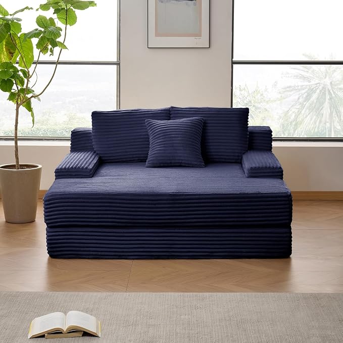 Boneless Chaise Lounge Chair Indoor - 59" Oversized Corduroy Floor Boneless Loveseat Sofa Couch for Living Room, No Assembly Required,Blue