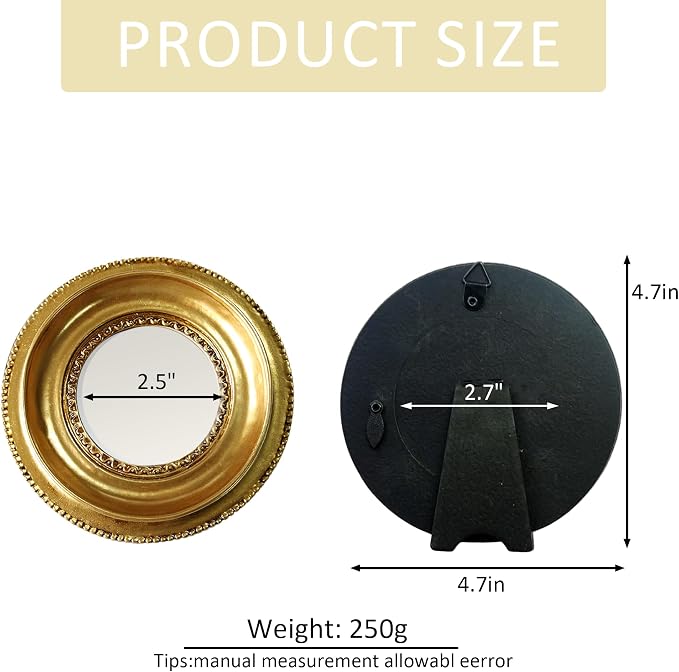 Golden Mini Vintage Mirror with Exquisite Relief Elegant Wall Decor for Bedroom Dresser Table Compact Resin Retro Design (Gold Round 02, 4.7 X4.7)