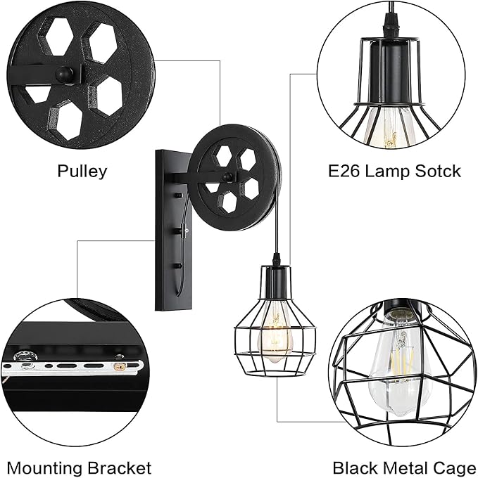 1-Light Rustic Wall Light Lift Pulley with Matte Iron Cage Lampshade Industrial Mid Century Sconce for Indoor Lighting Barn Restaurant (Black Color)