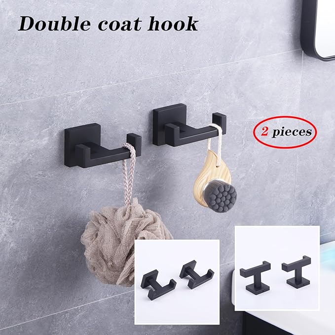 GERZWY Matte Black Bathroom Double Towel Hook Stainless Steel Coat/Robe Clothes Hook for Bath Kitchen Modern Hotel Style Wall Mounted 2 Pack AG1417B-BK