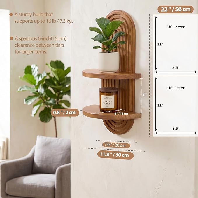 SweetSage Boho Wall Decor Oak Plant Wall Shelf Mid Century Modern Decor 2 Tier Wooden Floating Shelves for Home Bathroom Bedroom Living Room Nursery Office Art Display 22 x 11.8 Inches