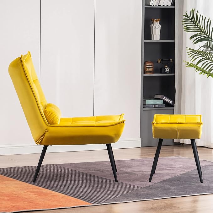 MCombo Accent Chair with Ottoman, Modern Velvet Wingback Lounge Chair, Upholstered Club Chair for Small Space, Living Room & Bedroom 4079 (1, Yellow)