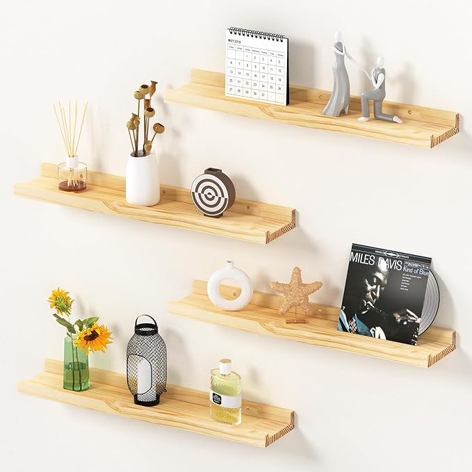 Picture Ledge Shelf, 24 inch Solid Pine Wood Floating Shelves, Floating Book Shelves for Living Room Bedroom Kitchen Decor, Natural Unfinished, No Stain, DIY, Set of 4(Maple Wood, 4Pack 24inch)