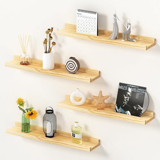 Picture Ledge Shelf, 24 inch Solid Pine Wood Floating Shelves, Floating Book Shelves for Living Room Bedroom Kitchen Decor, Natural Unfinished, No Stain, DIY, Set of 4(Maple Wood, 4Pack 24inch)