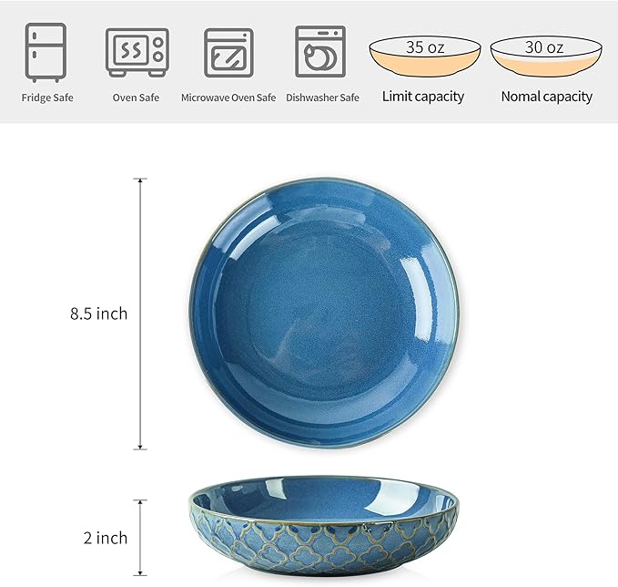 Sureasy Pasta Bowls Set of 4-30oz Large Embossed Serving Bowl Plates, 8.5 Inch Wide and Shallow Plate Bowls, Microwave, Oven & Dishwasher Safe, Blue