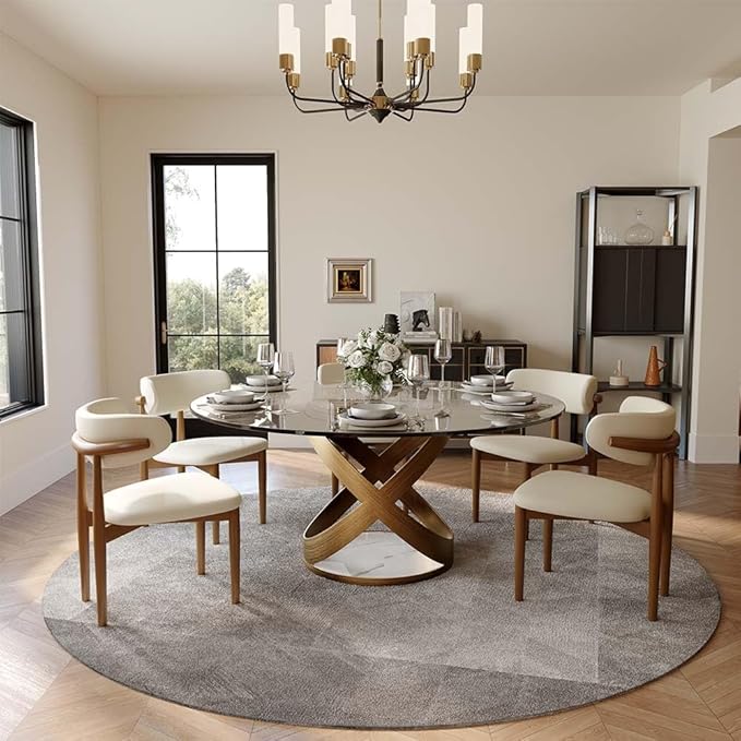 POVISON 59" Modern Round Dining Table, Glass Round Kitchen Table for 6, Glass Dining Room Table Top with Bronze X Carbon Steel Base for Dining Room (Dining Table Only)
