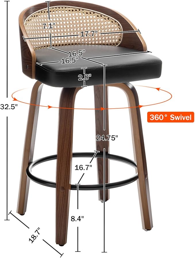 26" Swivel Rattan Bar Stools Set of 3,Mid-Century Modern Black Leather Upholstered Counter Height Stools,Kitchen Island Barstools with Rattan Low Backrest,Walnut Wood Finish Bar Chair