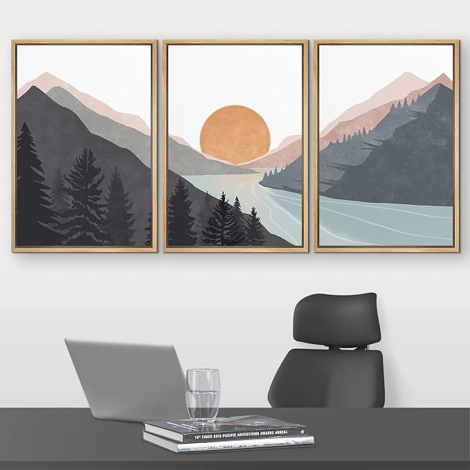 wall26 Framed Canvas Print Wall Art Set Mountain Range Sunlight Horizon Abstract Nature Illustrations Modern Art Nordic Decorative Minimal Boho for Living Room, Bedroom, Office - 16"x24"x3 Natural
