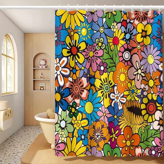 Bohemia Colorful Flowers Bathroom Shower Curtain Funky Retro Hippie 60s 70s Aesthetic Washable Polyester Durable Fabric Home Shower Curtain with Hooks, 72x72 Inch