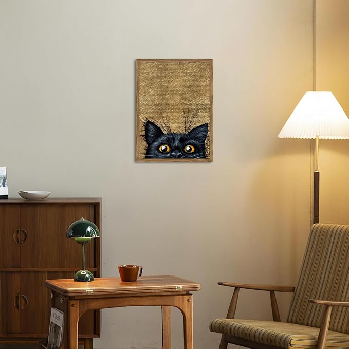 Cute Black Cat Wall Art Funny Cat Wall Decor Painting, Eclectic Animal Poster Canvas Print Picture for Living Room Bedroom 16x24 inch Wood Framed