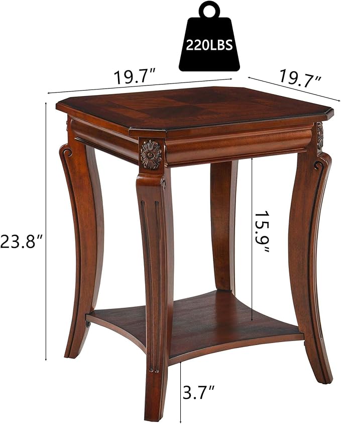 Solid Wood Side Table with Storage Shelf, 2-Tier Square End Tables Living Room, Traditional Style End Table, Vintage Beside Table with Curved Legs and Printed Tabletop, Cherry Walnut Accent Table WD