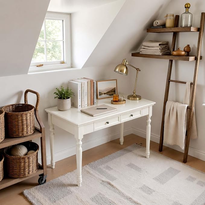 White Writing Desks with Drawers, 47" Solid Wood French Country Style Computer Desk for Home Office, Living Room Study or Workspace