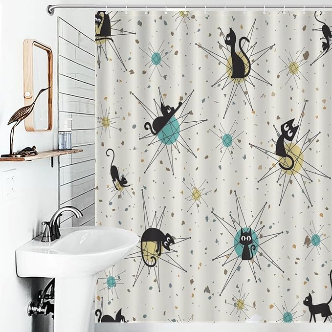 Vintage Mid Century Cats Shower Curtain Black Cat Retro Diamond Atomic 1950s 1960s Abstract Geometric Simple Waterproof Shower Curtains for Bathroom Decor 12 Pack Hooks 55x72in（140x183cm
