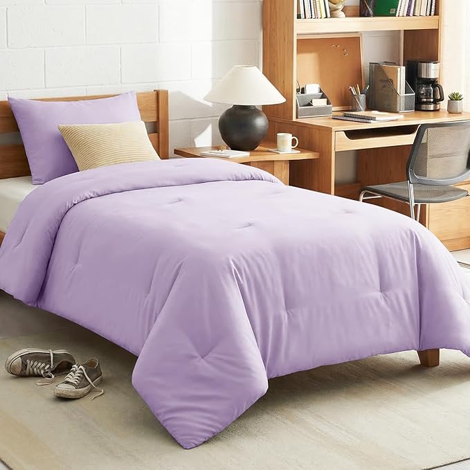 CozyLux Twin Comforter Set College Dorm Essentials, 2 Pieces Lavender Twin Extra Long Solid Bedding Set, Light Purple Bed Set with Down Alternative Comforter and 1 Pillowcase, Back to School Room Gift