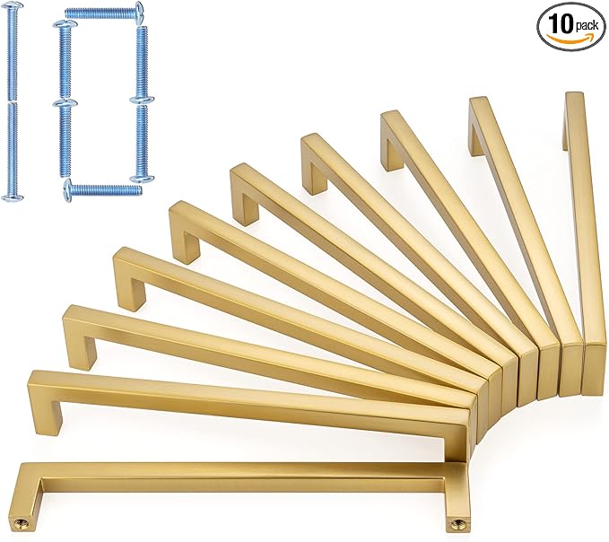 KOOFIZO Solid Square Bar Cabinet Handle - Brushed Gold Furniture Pull, 6.3 Inch/160mm Screwhole Distance, 10-Pack for Kitchen Cupboard Door, Bedroom Dresser Drawer, Bathroom Wardrobe Hardware