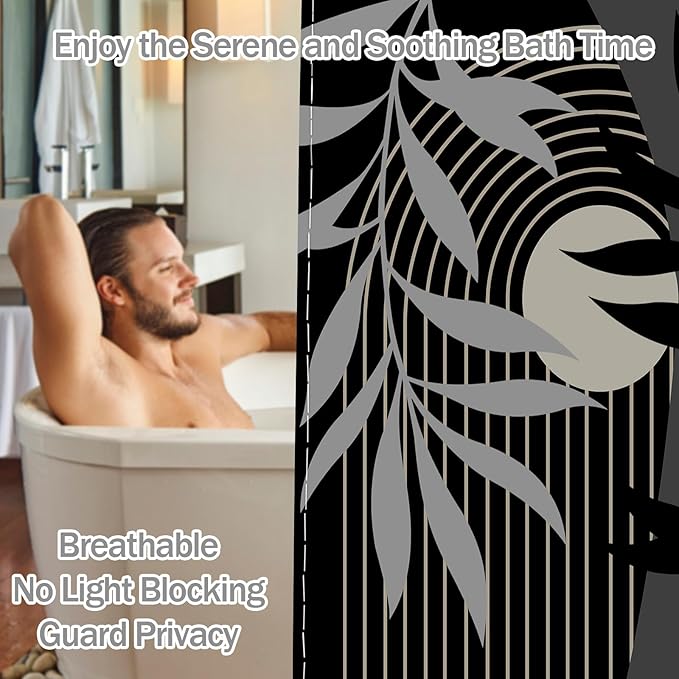 Boho Black and Grey Shower Curtain, Mid Century Modern Black and Gray Shower Curtains for Bathroom, Waterproof Fabric Set with Hooks, (70" W X 96" L)