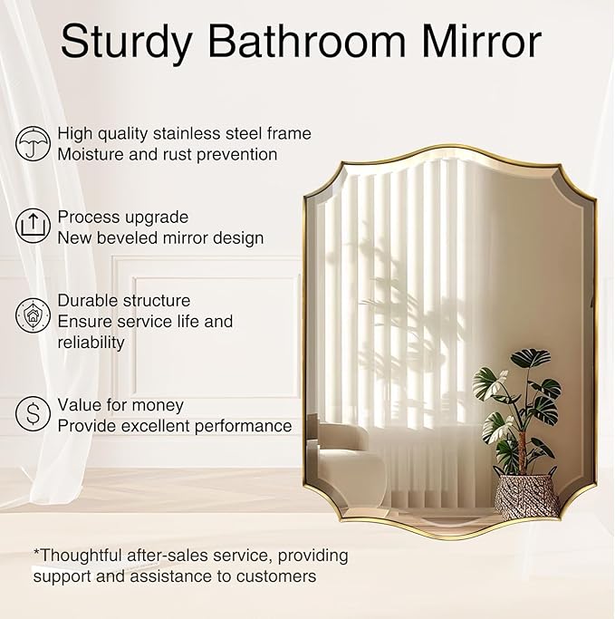 POZINO Scalloped Beveled Mirror, 30"x48" Brushed Gold Rectangle Bathroom Mirrors, Brass Wavy Vanity Mirrors for Wall, Modern Large Irregular Shaped Mirror for Living Room Bedroom Fireplace Entryway