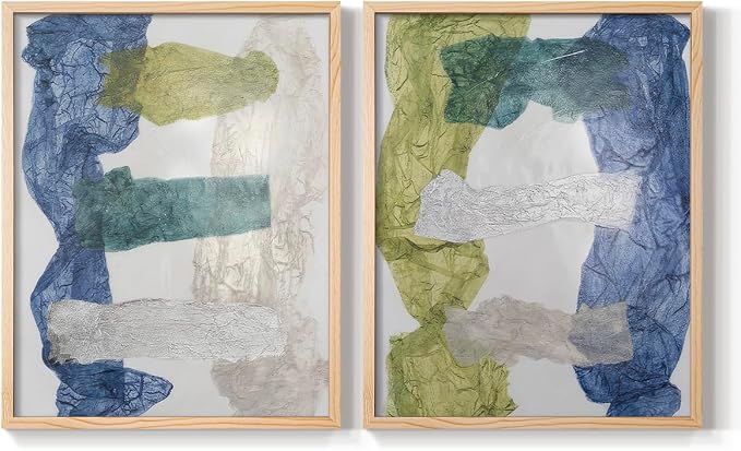 Renditions Gallery Set of 2 Peel & Stick Framed Prints, Elegant Abstract Wall Art, Dyed Cloth Texture Wall Decor, Re-Stickable - Ready to Hang - 8"x10" - NATURAL WOOD Frame LT588