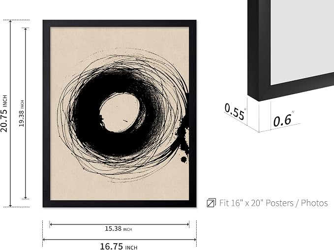 Poster Master Handmade Circle Drawing Poster - Ink Brush Print - Drawing Art - Sketch Design - Abstract Illustration - Great Bedroom or Living Room Wall Decor - 16x20 Black Framed