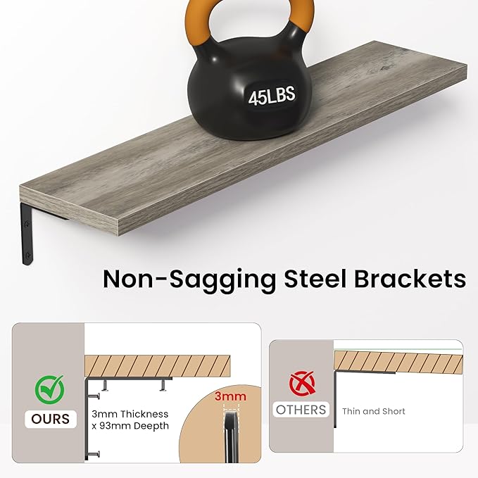 Marsmiles Extra Wide Floating Shelves for Wall, 36x8 Inch Natural Wood Grain Bookshelves, Heavy Duty Mounted Shelving for Bathroom, Kitchen, Living Room, Bedroom,Set of 2，Grey