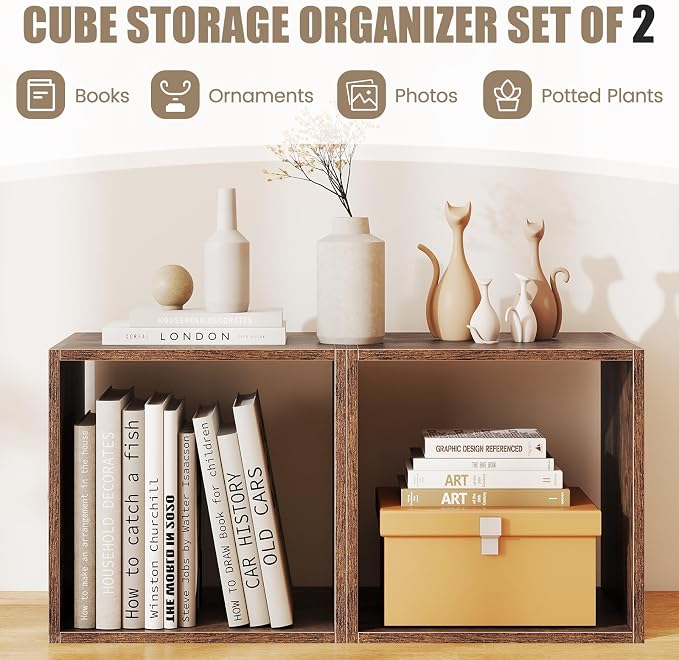 LOKO Stackable 2 Cube Storage Organizer, Cubby Storage Bookcase with Anti-toppling Device, 2-Tier Bookshelf, Combinable Record Player Stand for Living Room, Bedroom, Study (2, Rustic Brown)