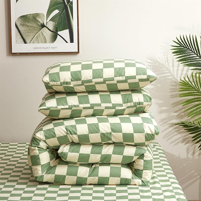 Pureant Green White Plaid Comforter Sets California King Women Men Sage Green Checkerboard Grid Bedding Comforters Cal King Modern Grass Green and White Checkered Geometric Quilts Luxury Abstract Bed