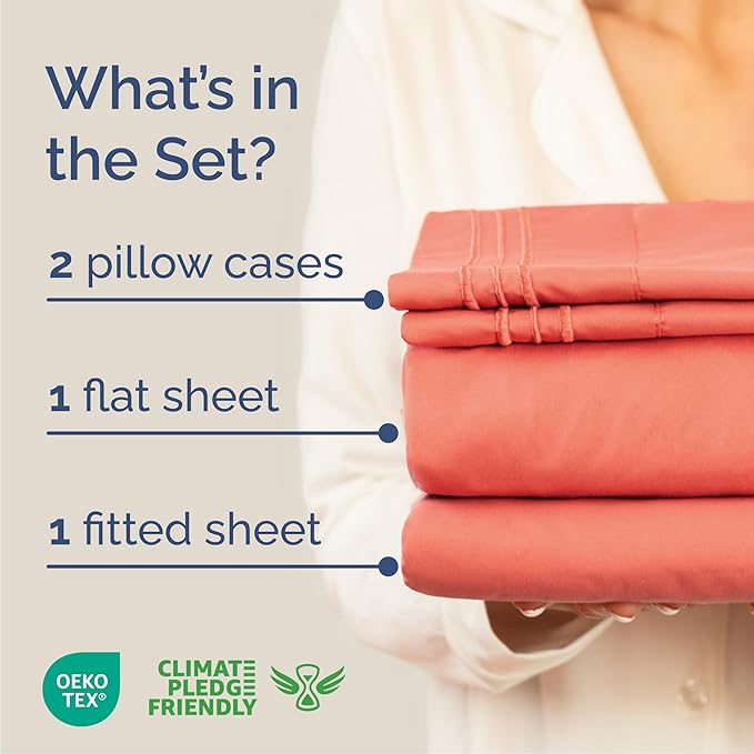 Queen Size 4 Piece Sheet Set - Comfy Breathable & Cooling Sheets - Hotel Luxury Bed Sheets for Women & Men - Deep Pockets, Easy-Fit, Extra Soft and Wrinkle Free Sheets - Coral Oeko-Tex Bed Sheet Set