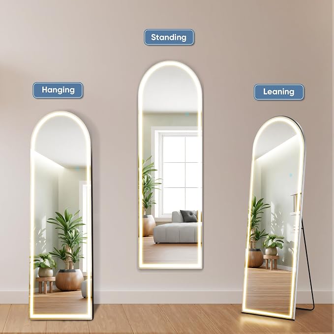 OLIXIS 16"x 60" Arched LED Full Length Mirror with Lights, Standing Lighted Floor Full Body Mirror with 3 Color Lighting, Wall Mounted Mirrors for Bedroom, Bathroom, Entryway with Tempered Glass