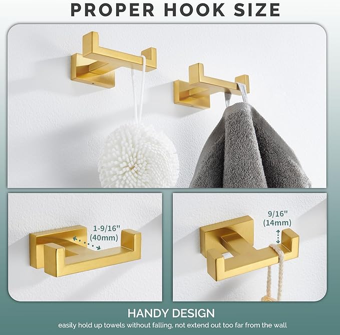 Angle Simple Double Towel Hook Brushed Dark Gold 2 PCS, SUS304 Stainless Steel Bathroom Hand Towel Holder, Double Robe Hook for Wall